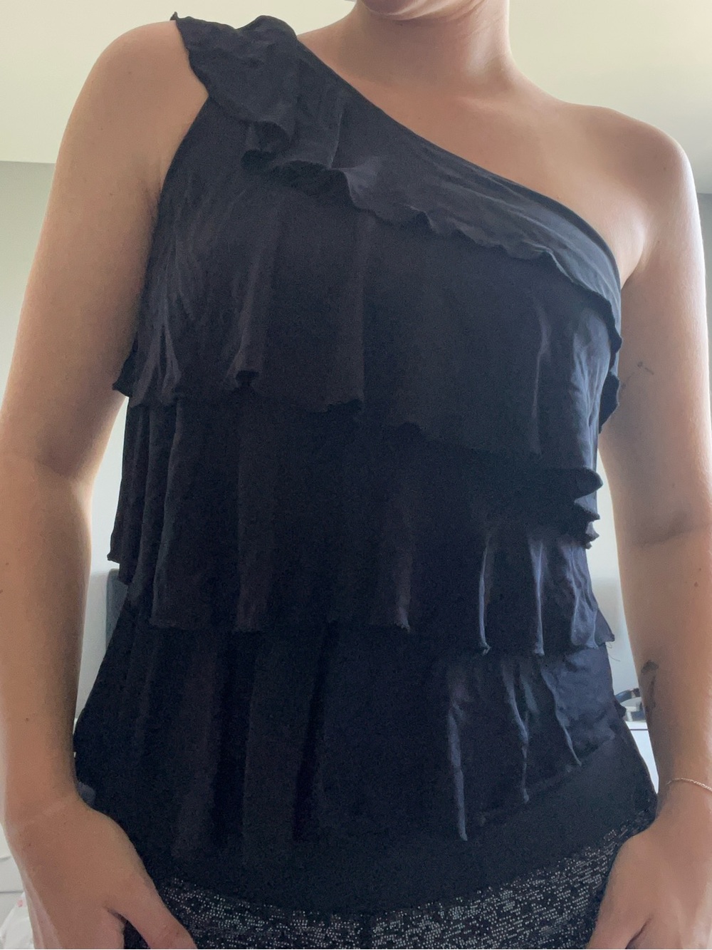 Black One-Shoulder Tiered Ruffle Top